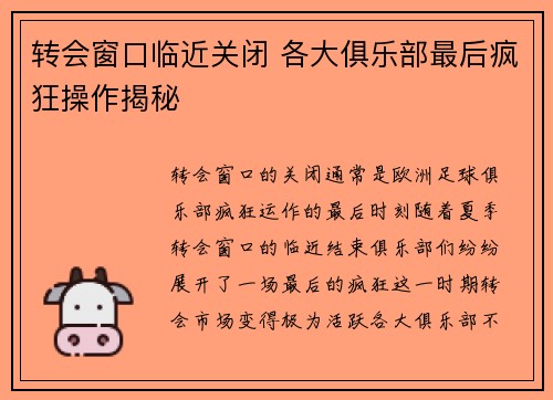 转会窗口临近关闭 各大俱乐部最后疯狂操作揭秘
