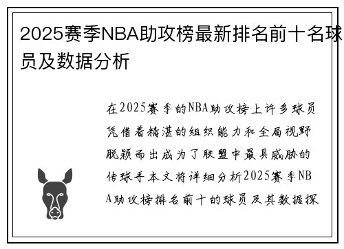 2025赛季NBA助攻榜最新排名前十名球员及数据分析
